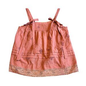 Kopal Block Print Bohemian Tank Top Shirt Blouse Bows Lace Trim Size Large NWT